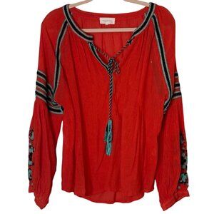 Mello Day Red Embroidered Boho Blouse Womens L Folk Peasant Tassel Top